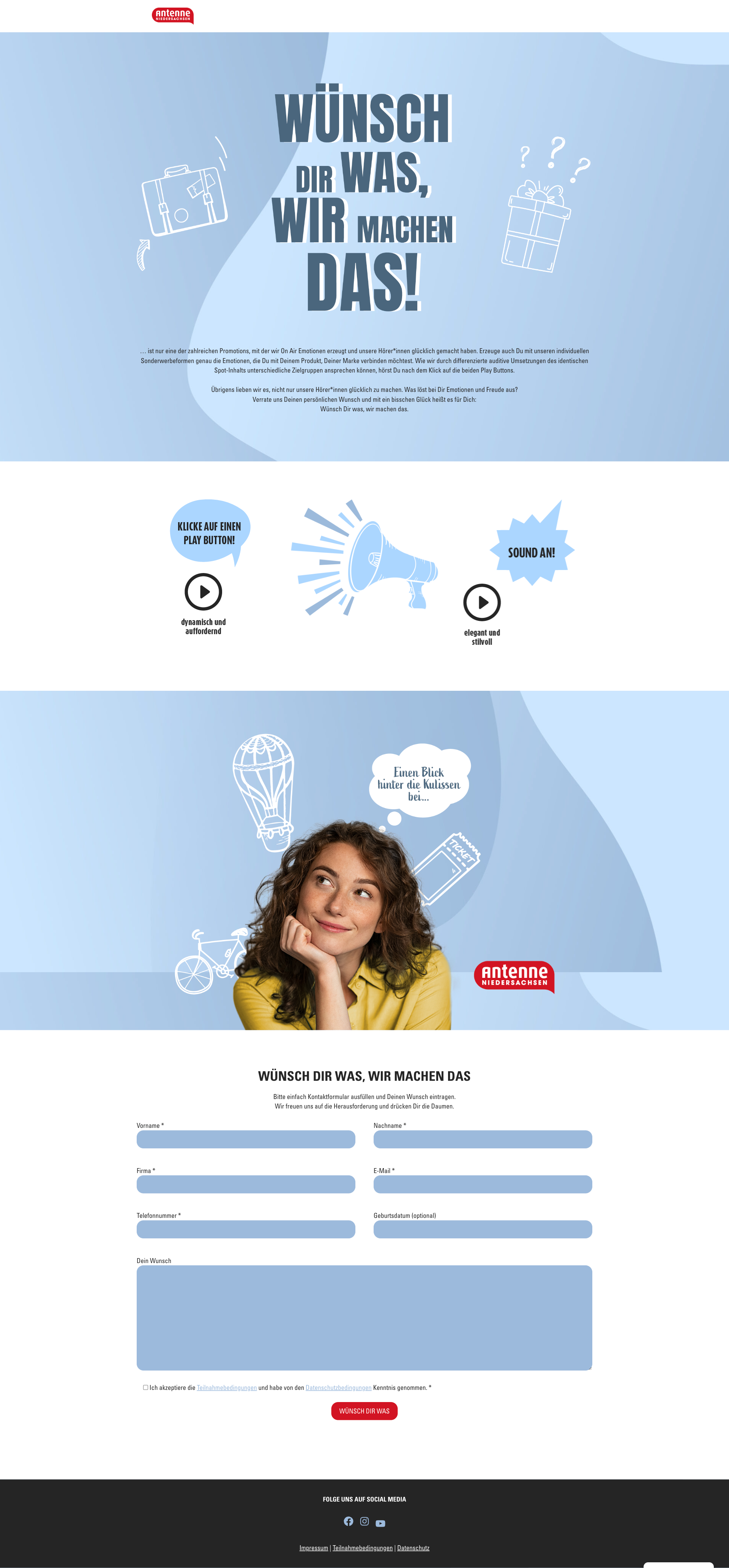 Webentwicklung der Landingpage zur Aktion "Wünsch Dir was, wir machen das!" für Antenne Niedersachsen